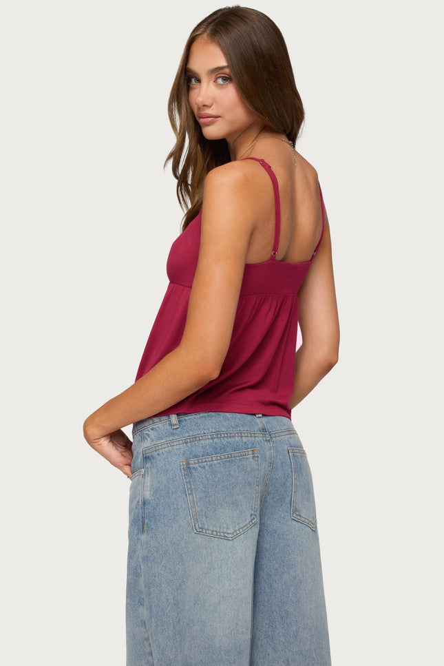 Michey Tie Front Babydoll Tank Top - Burgundy