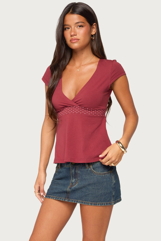 Arla Polka Dot V Neck Top - Burgundy