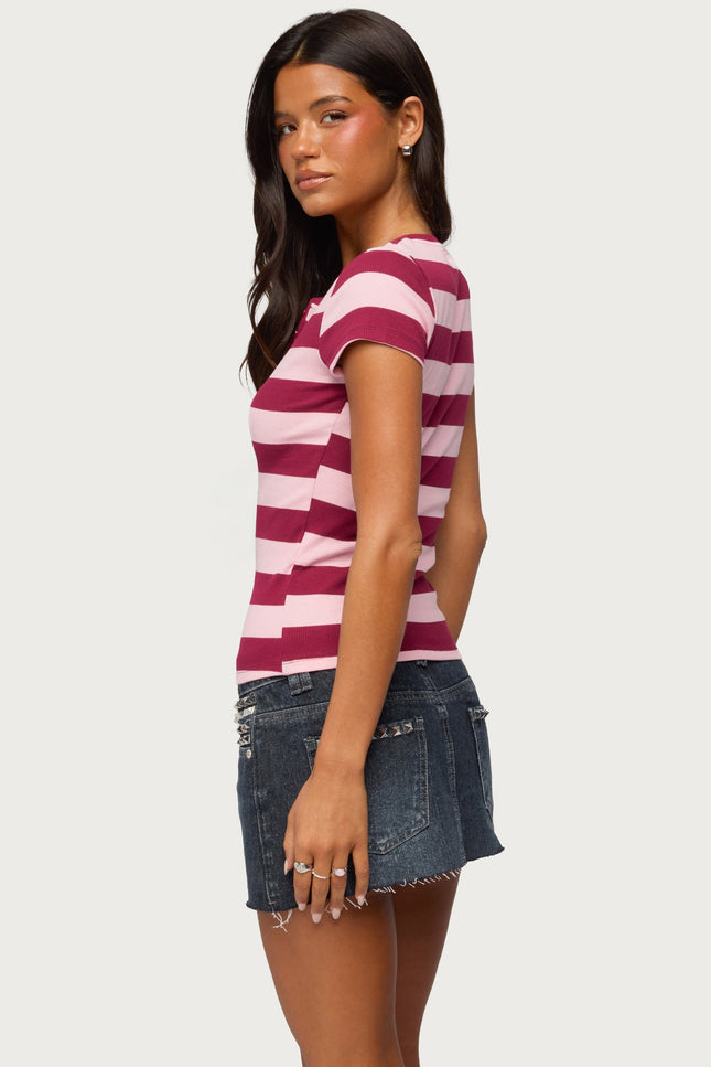 Rhianon Striped Henley Top - Burgundy And Pink