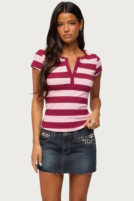 Rhianon Striped Henley Top - Burgundy And Pink