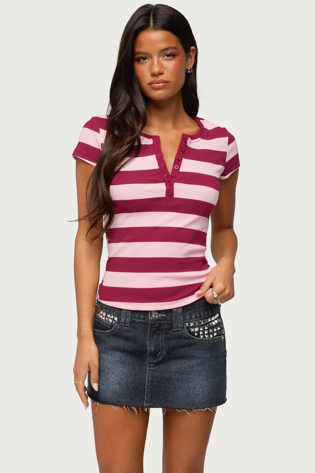 Rhianon Striped Henley Top - Burgundy And Pink