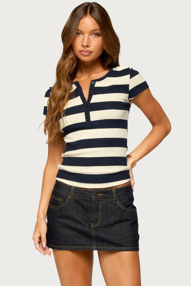Rhianon Striped Henley Top - Navy And Cream