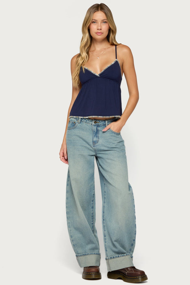 Grazi Contrast Stitch Babydoll Tank Top - Navy