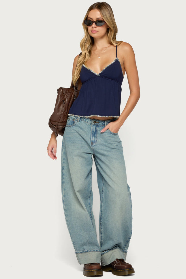 Grazi Contrast Stitch Babydoll Tank Top - Navy