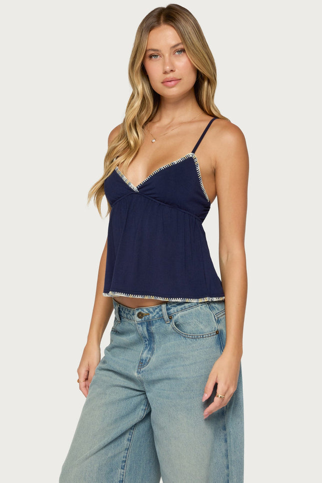 Grazi Contrast Stitch Babydoll Tank Top - Navy