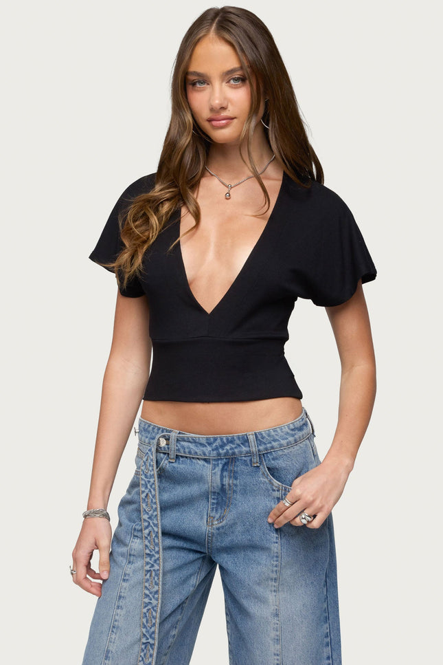 Mundy Deep V Neck Top - Black