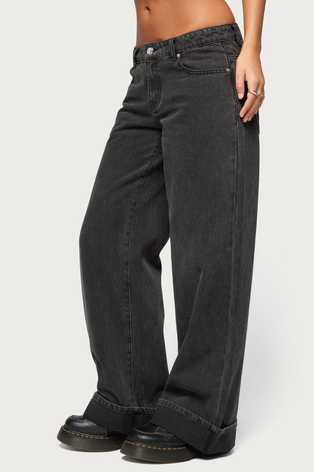 Gatz Cuffed Low Rise Wide Leg Jeans - Black Washed