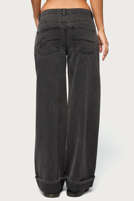 Gatz Cuffed Low Rise Wide Leg Jeans - Black Washed