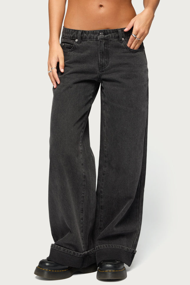 Gatz Cuffed Low Rise Wide Leg Jeans - Black Washed