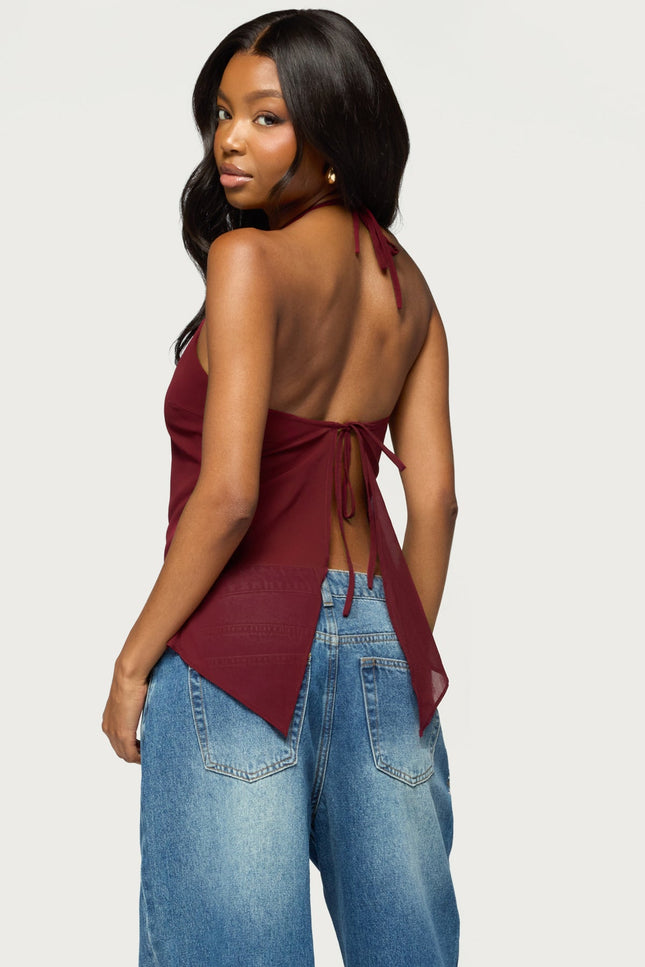 Chiffon Split Open Back Halter Top - Burgundy