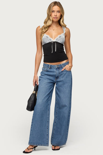 Troya Contrast Lacey Top - Black And White
