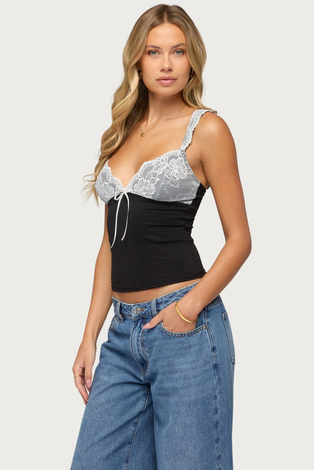 Troya Contrast Lacey Top - Black And White