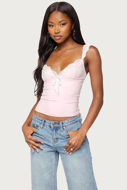 Troya Contrast Lacey Top - Pink And White