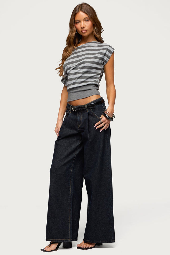 Kittie Striped Off Shoulder Top - Dark Gray Melange