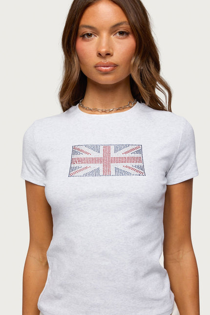 UK Girl Rhinestone T Shirt - Light Gray Melange