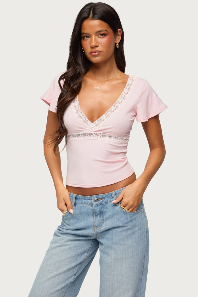 Yvetta Lacey Flutter Sleeve Top - Light Pink