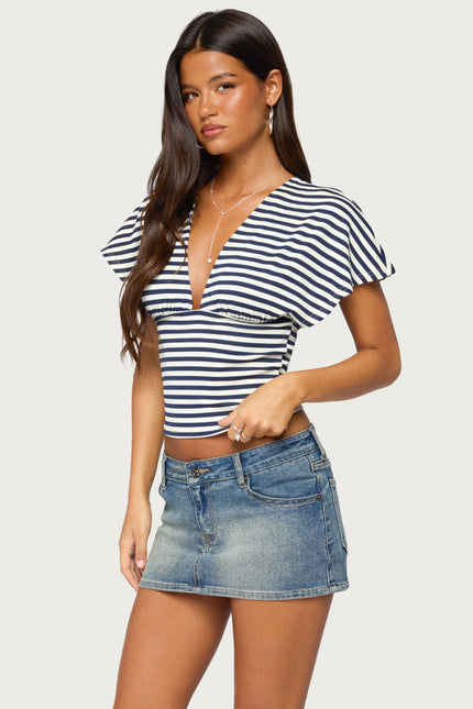 Chassidy Striped Flutter Top - Blue And Cream