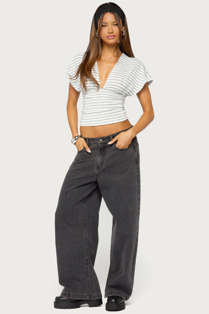Chassidy Striped Flutter Top - White And Gray