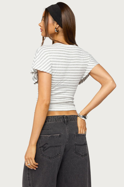 Chassidy Striped Flutter Top - White And Gray