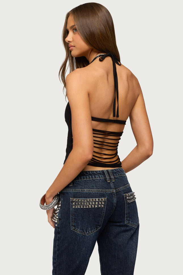 Minsoo Shredded Back Halter Top - Black