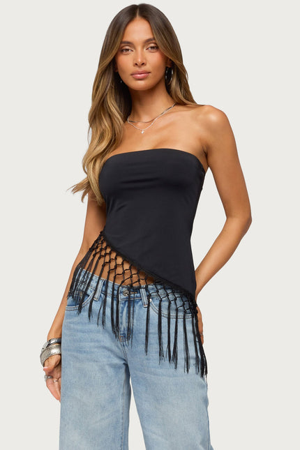 Sarika Asymmetric Fringe Strapless Top - Black