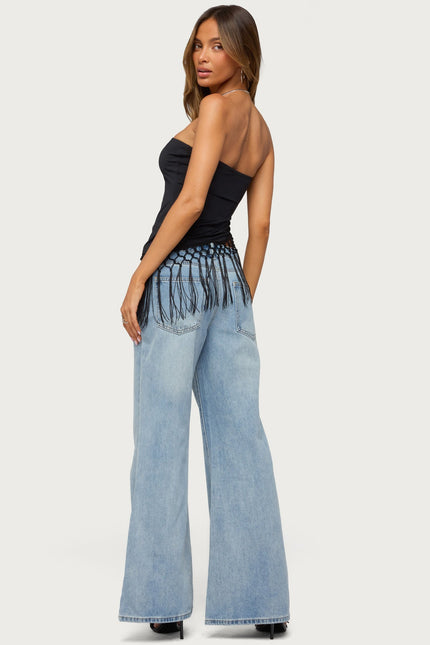 Sarika Asymmetric Fringe Strapless Top - Black