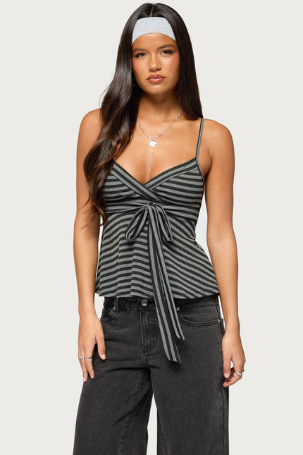 Kova Striped V Neck Babydoll Top - Dark Gray Melange And Black