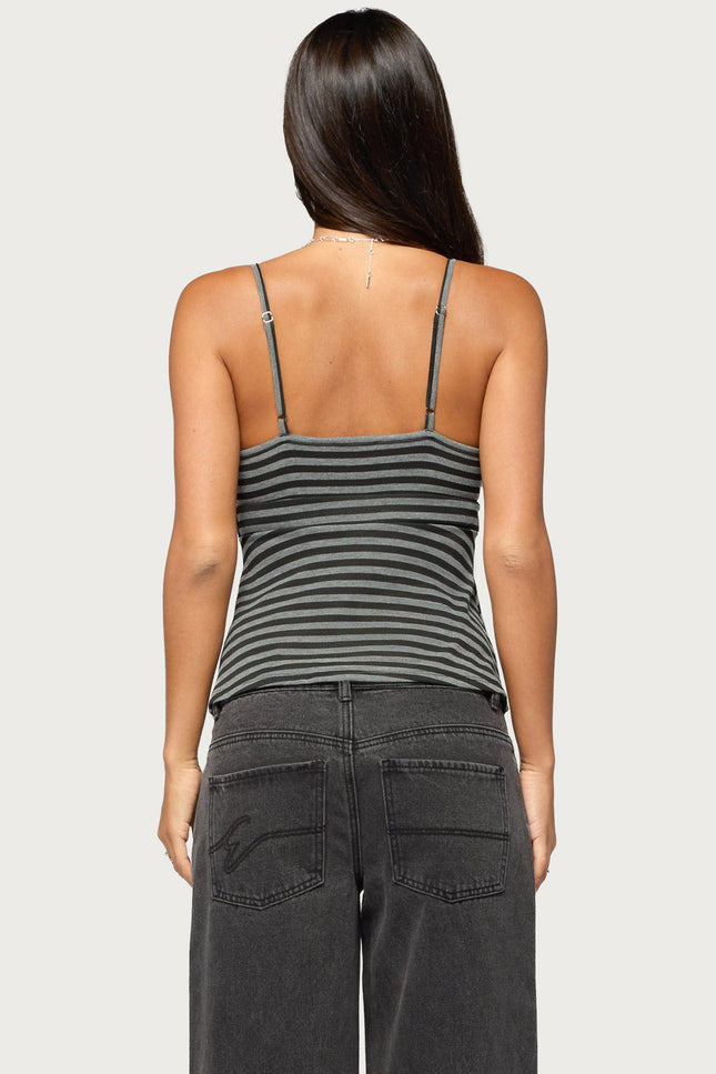 Kova Striped V Neck Babydoll Top - Dark Gray Melange And Black