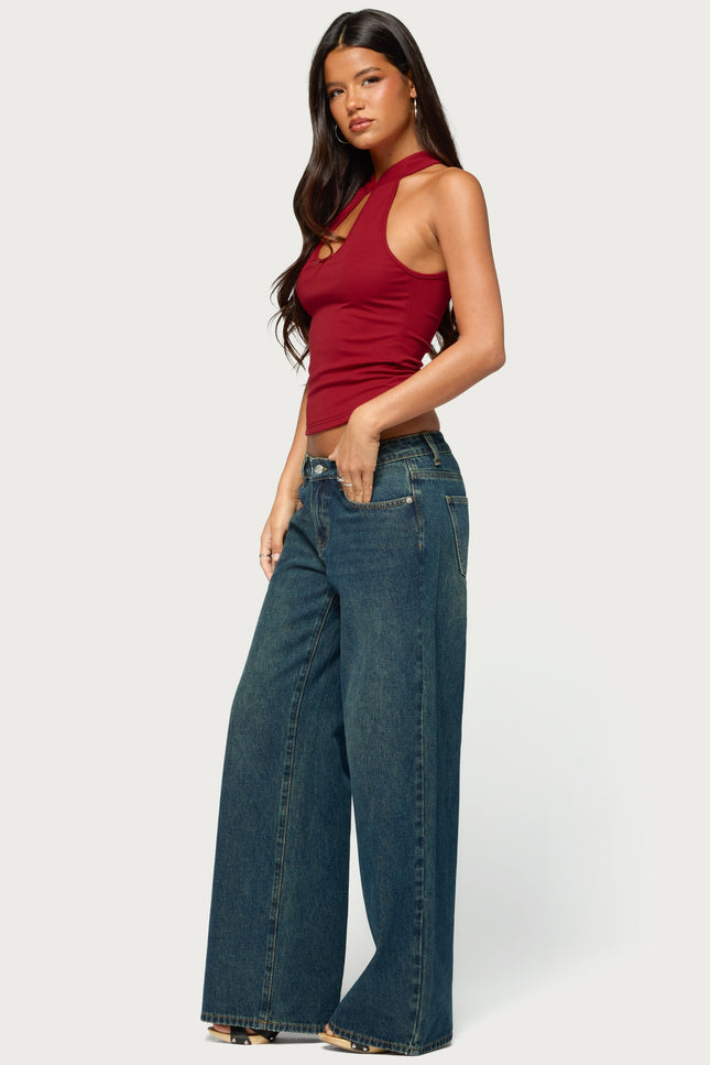 Darby High Neck Keyhole Top - Red