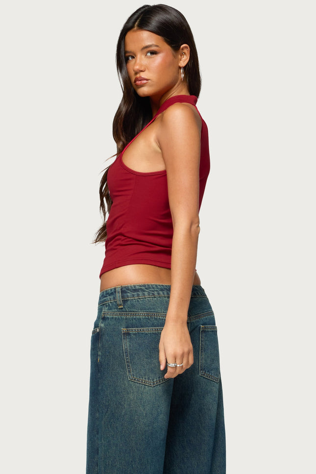 Darby High Neck Keyhole Top - Red