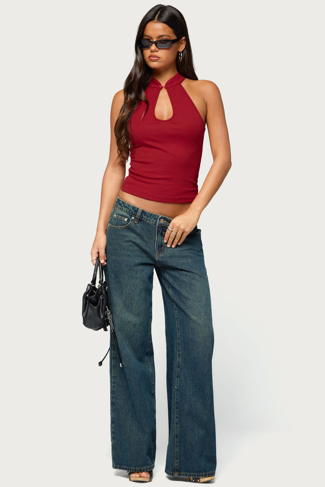 Darby High Neck Keyhole Top - Red