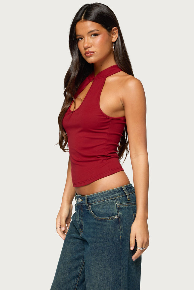 Darby High Neck Keyhole Top - Red