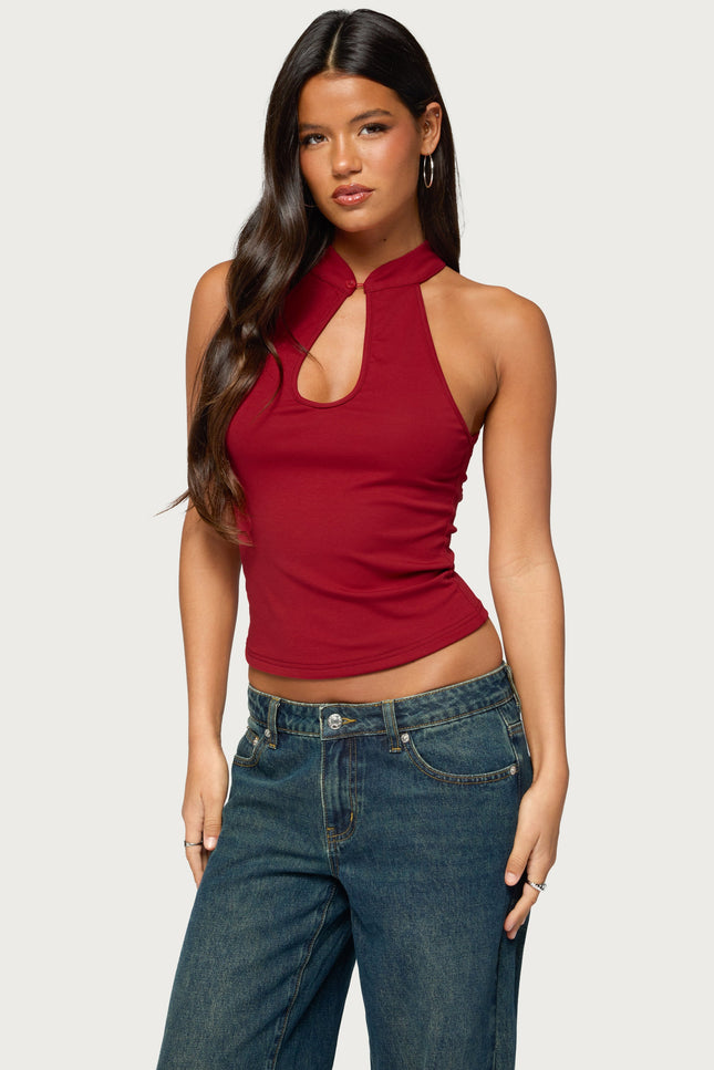 Darby High Neck Keyhole Top - Red