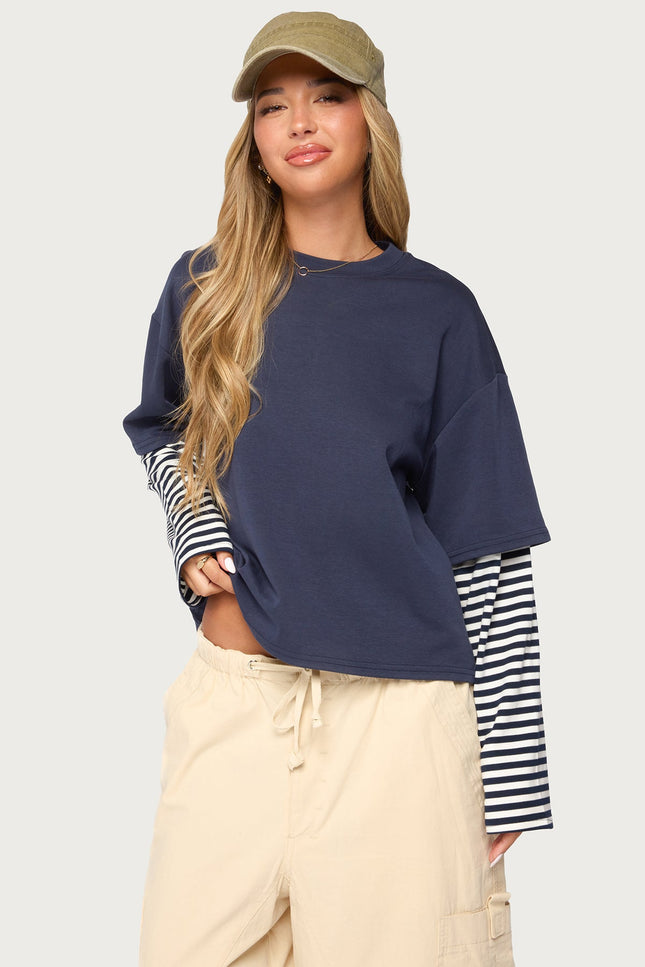 Nacie Layered Stripey Long Sleeve T Shirt - Navy