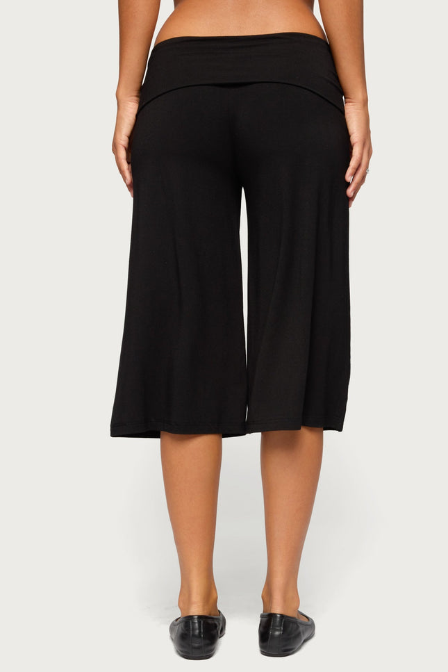 Shirly Wide Leg Foldover Capri Pants - Black