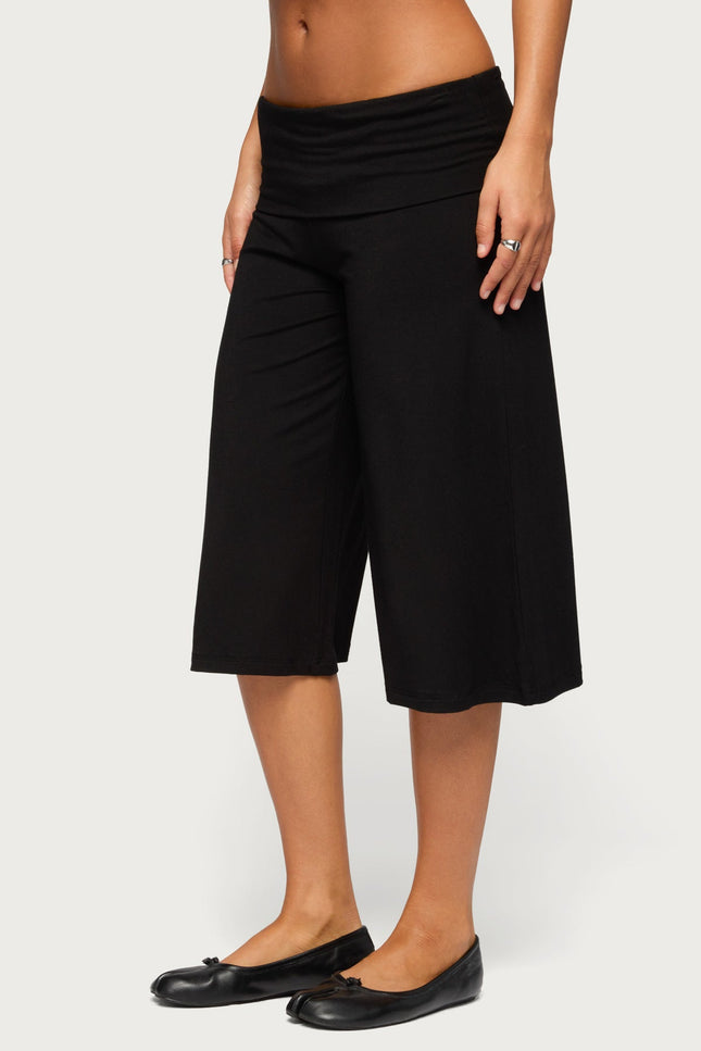 Shirly Wide Leg Foldover Capri Pants - Black
