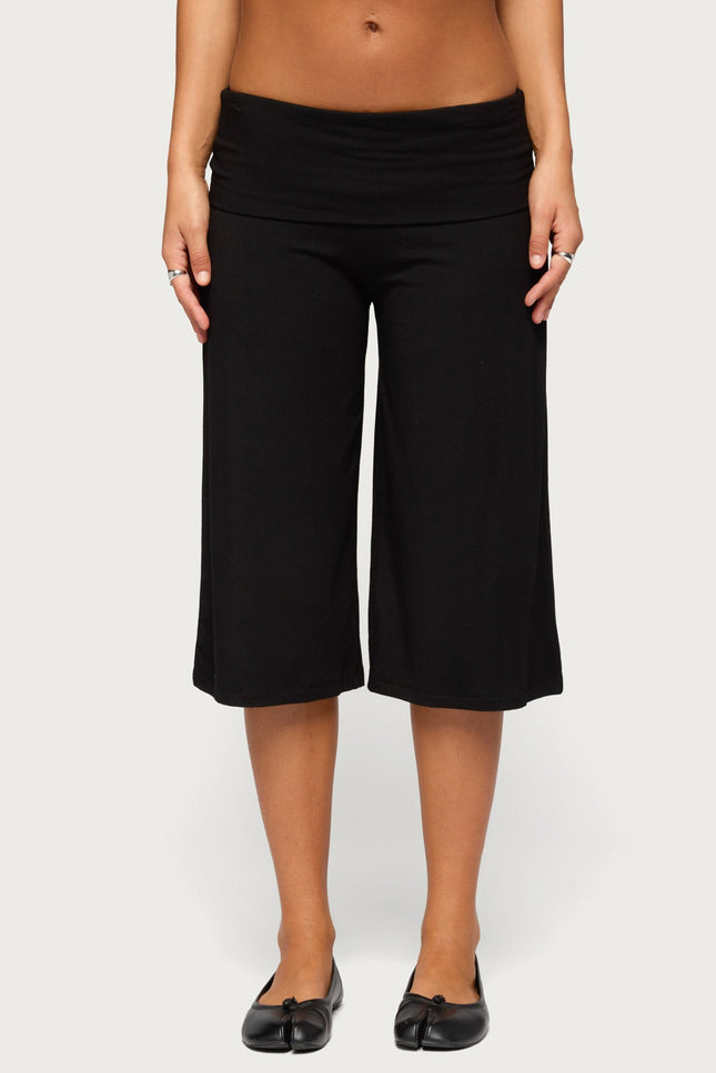 Shirly Wide Leg Foldover Capri Pants - Black