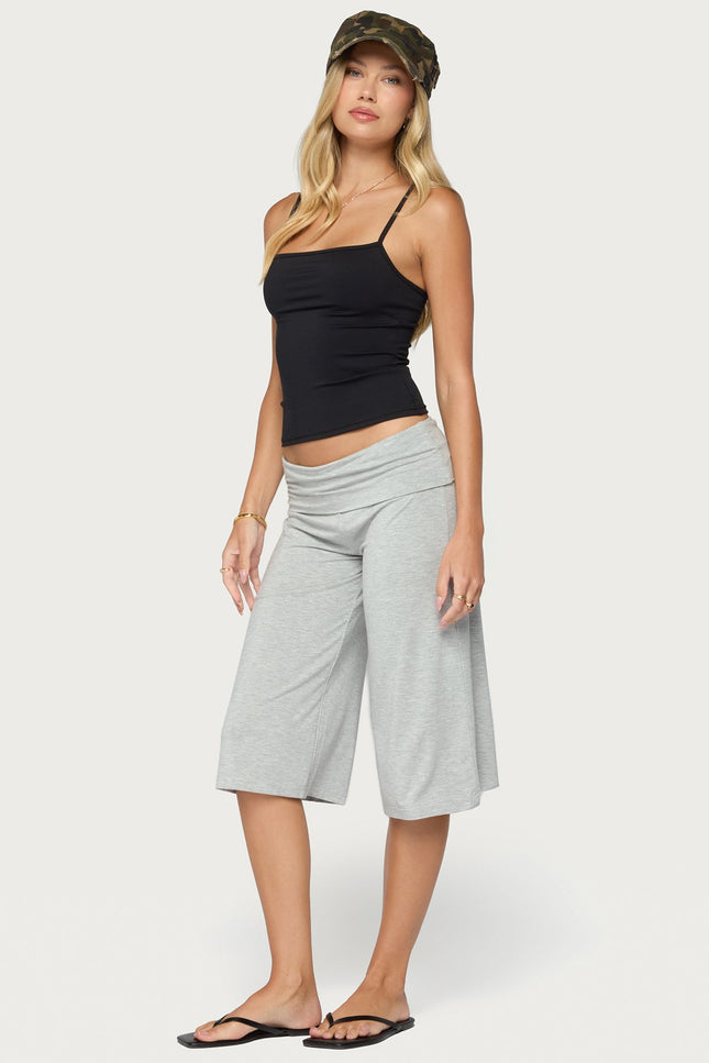 Shirly Wide Leg Foldover Capri Pants - Gray Melange