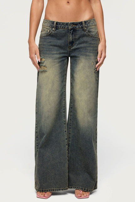 Noor Distressed Low Rise Baggy Jeans - Blue Vintage Washed