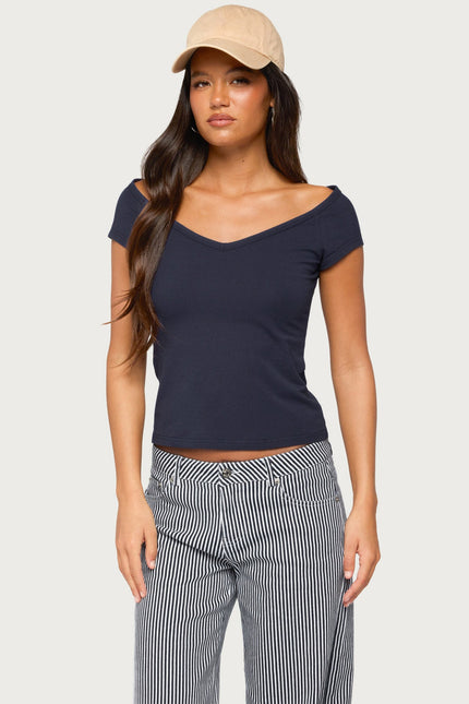 Calie Off Shoulder V Neck Top - Navy