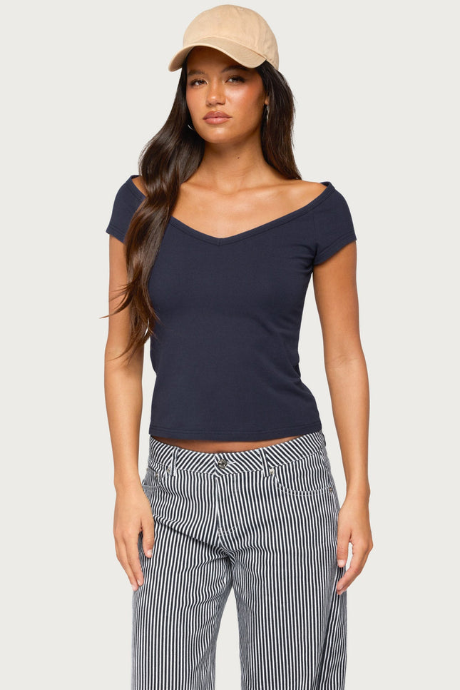 Calie Off Shoulder V Neck Top - Navy