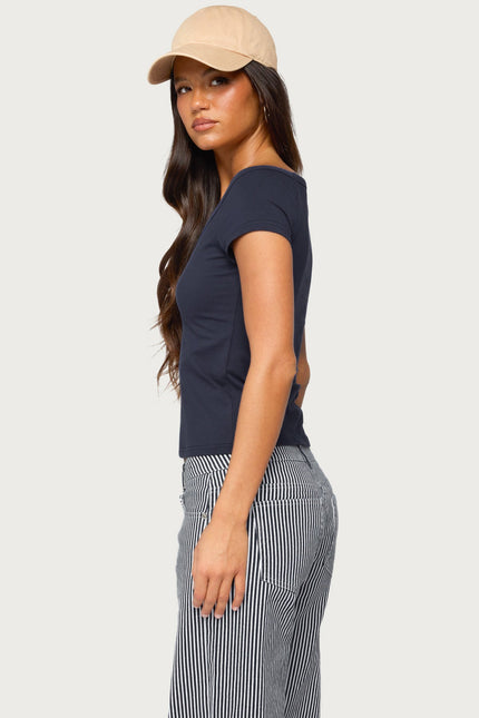 Calie Off Shoulder V Neck Top - Navy