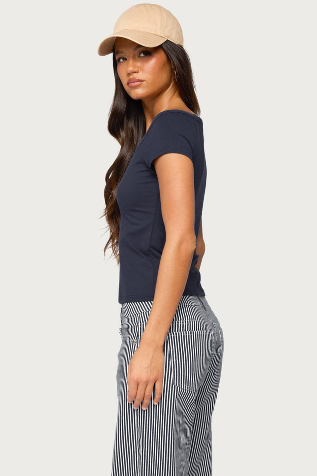 Calie Off Shoulder V Neck Top - Navy