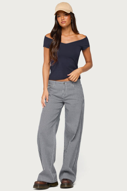 Calie Off Shoulder V Neck Top - Navy