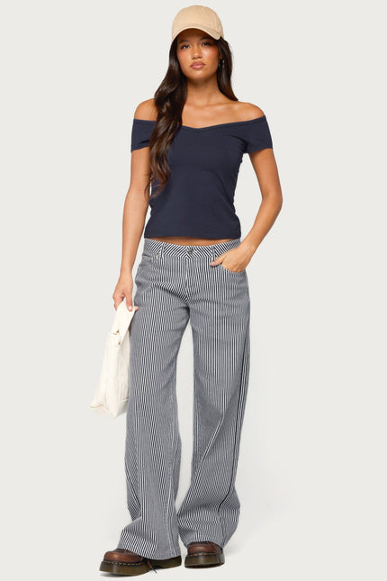 Calie Off Shoulder V Neck Top - Navy
