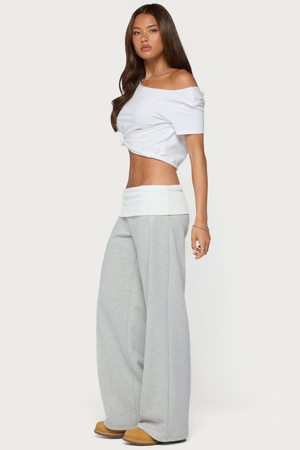 Idha Contrast Foldover Baggy Sweatpants - Gray Melange