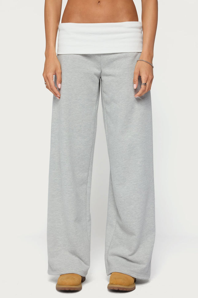 Idha Contrast Foldover Baggy Sweatpants - Gray Melange