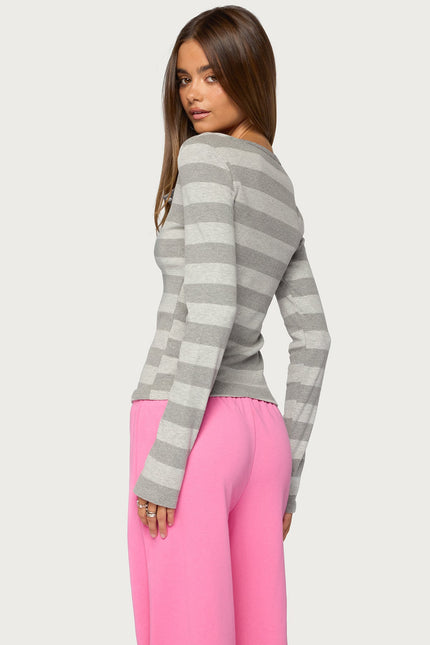 Dea Striped Long Sleeve Henley T Shirt - Gray Melange