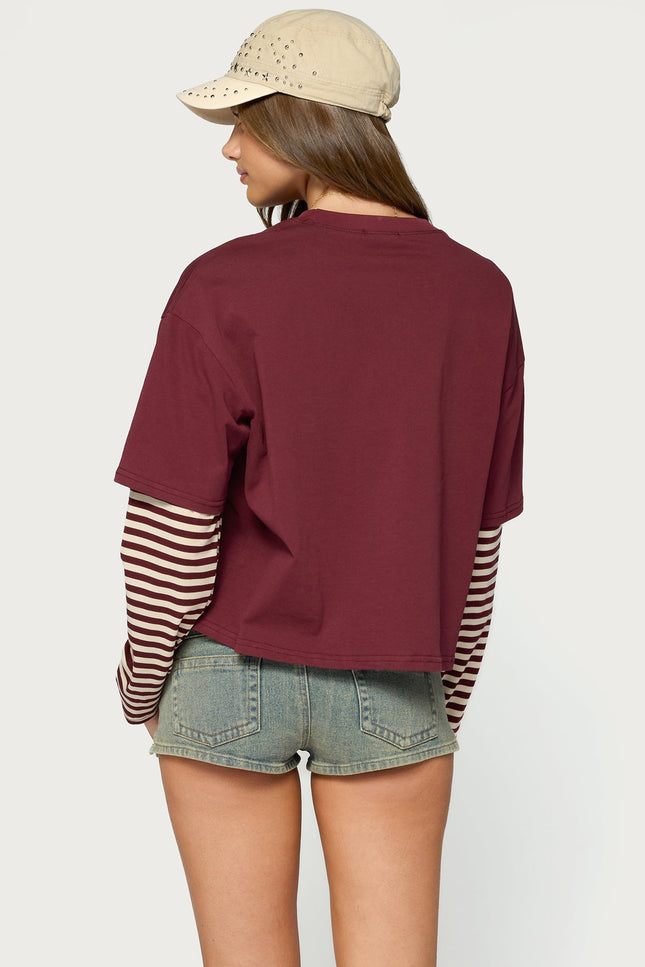 Nacie Layered Stripey Long Sleeve T Shirt - Burgundy