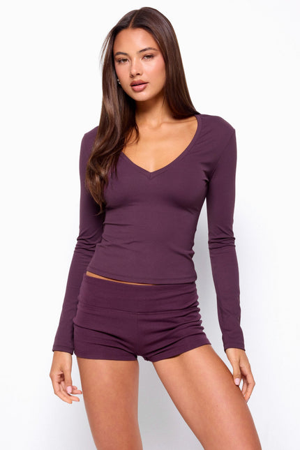 Ferne Long Sleeve V Neck Top - Plum